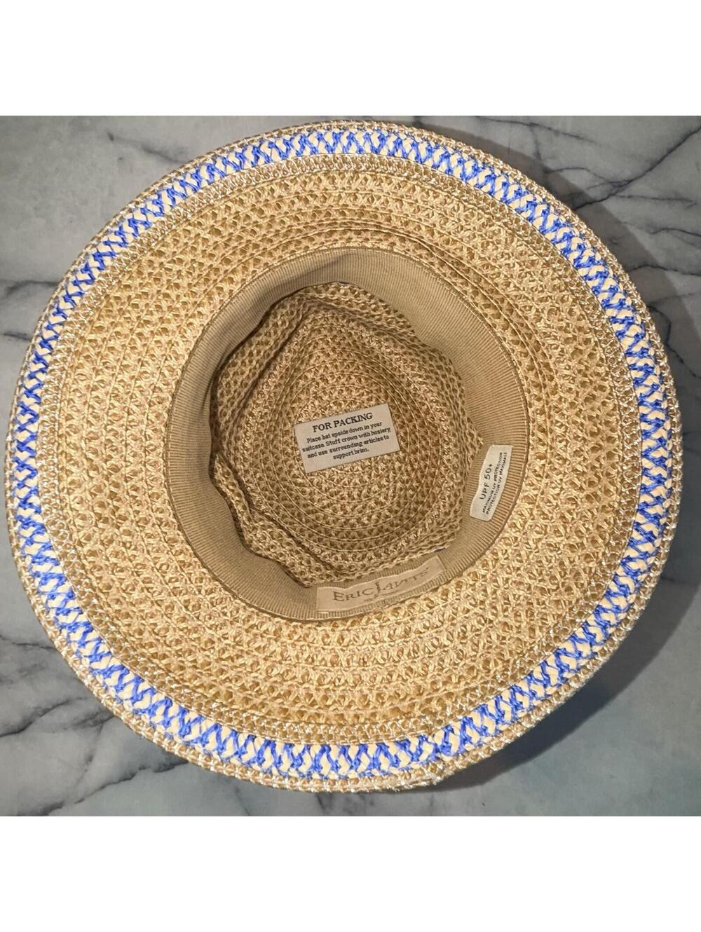 Eric Javits Woven Raffia Straw Hat UPF 50+ Packable Squishee Bucket Beige Blue - Picture 4 of 8